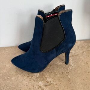 Pointed Toe Navy Suede Chelsea Ankle Booties - Women